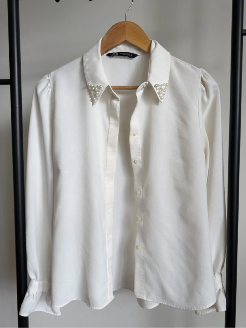 ✨ ZARA Pearl Collar Blouse | Elegant Minimalist Button-Up Top Size Small